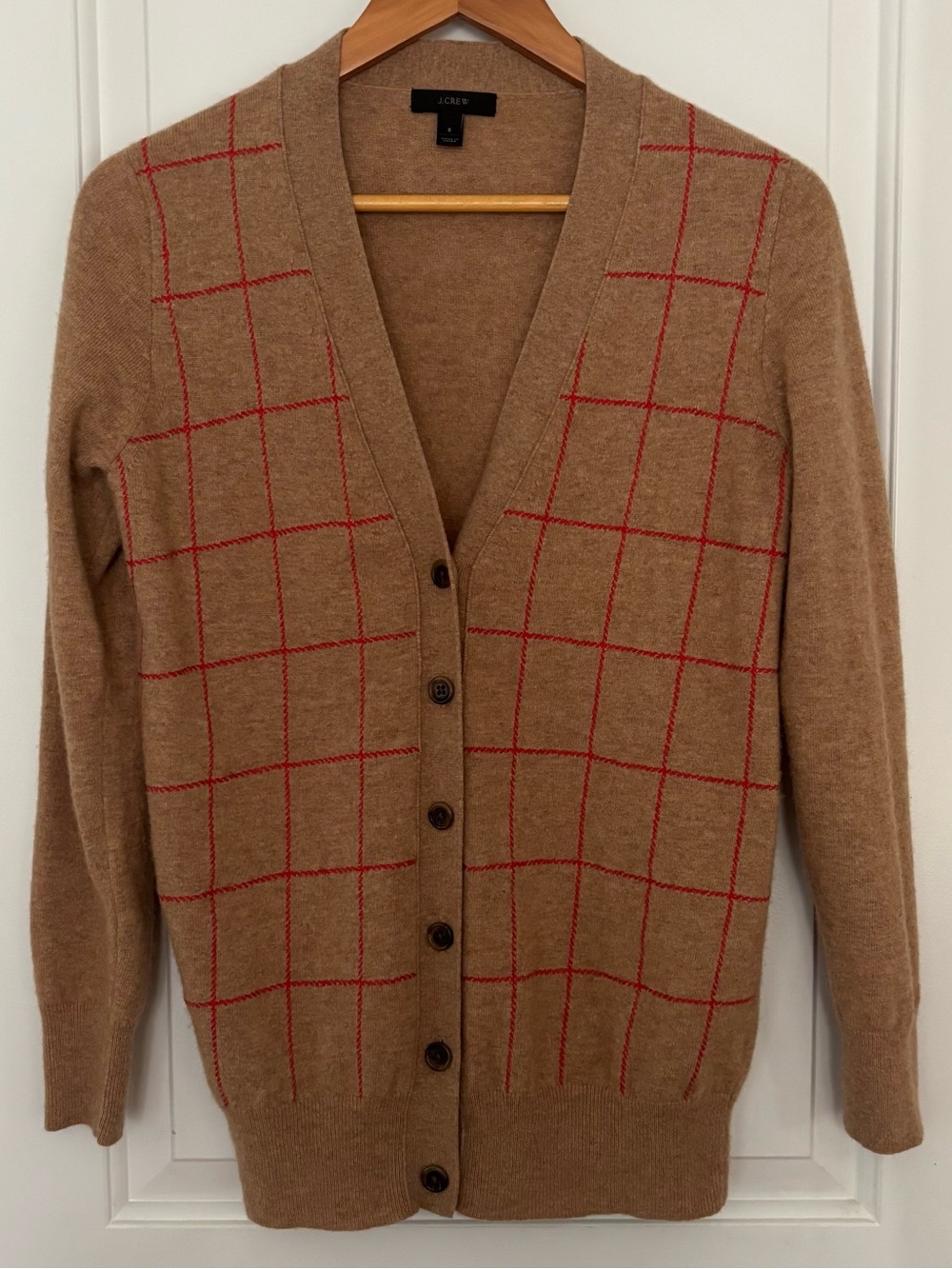 J Crew wool cashmere blend windowpane plaid cardigan Small tan red v neck